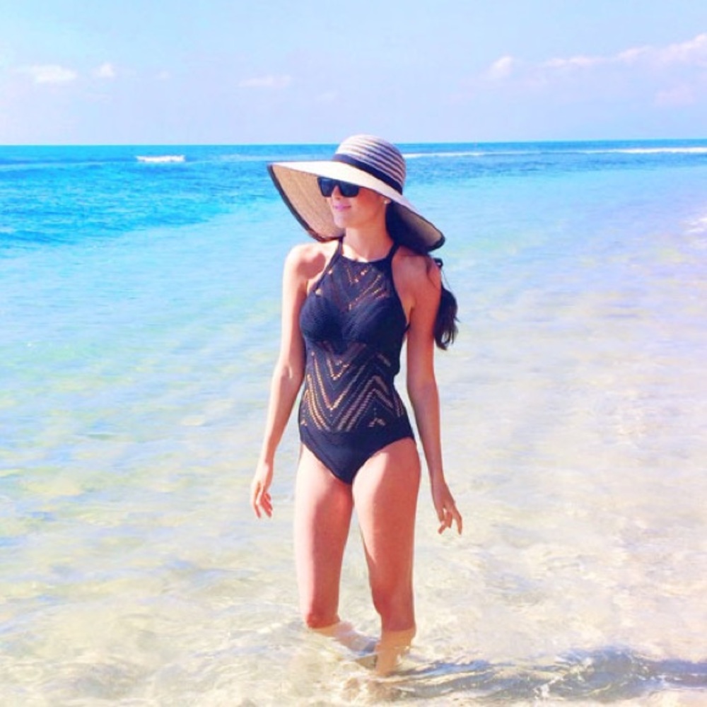 Black crochet cut-out one-piece swimsuit